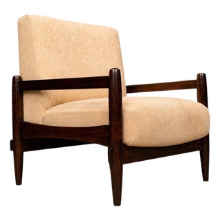 Brazilian Mid-Century Armchair in Wood & Beige Chenille Upholstery, Michel Arnoult, C. 1960s For Sale