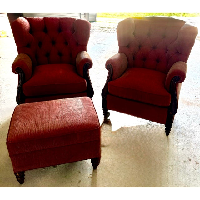 1980s French Napoleon III Wingback Armchairs and Ottoman For Sale - Image 11 of 12