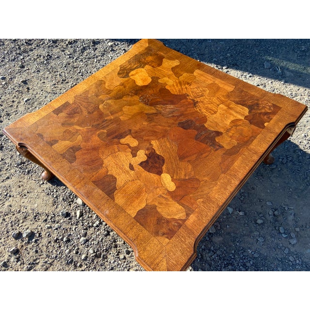 Copper Vintage Mid Century Modern French Provincial Parquetry Burl Wood Coffee Table For Sale - Image 8 of 18