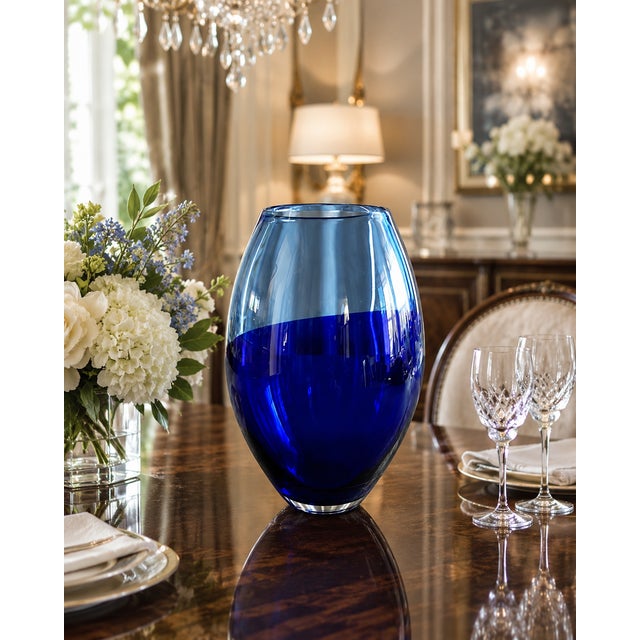 Glass Scandinavian Cobalt Blue Art Glass Vase | Heavy Hand Blown Mid Century Modern Statement Decor 9" For Sale - Image 7 of 9
