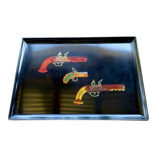 Vintage Couroc of Monterey Colonial Flintlock Pistols Inlaid Serving Tray For Sale