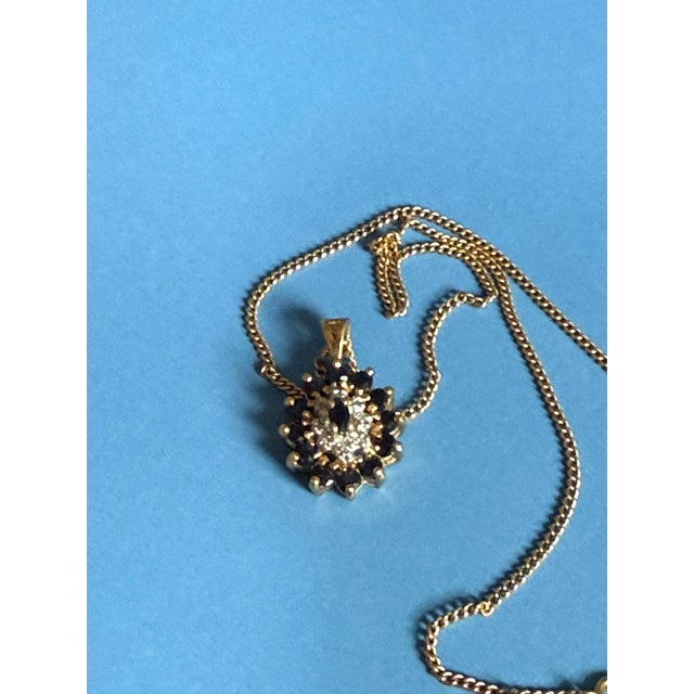 Vintage Victorian Revival Sapphire & Diamond Cluster Pendant Necklace With 14k Gold Chain For Sale - Image 12 of 16