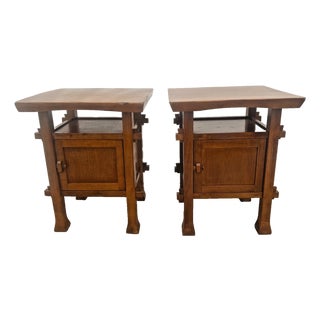 1990s Pair of Craftsman Mission Style Nightstands Side Tables Bottom Cabinet Center Shelf For Sale
