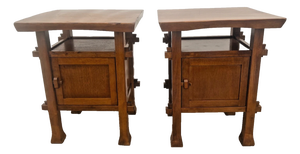 1990s Pair of Craftsman Mission Style Nightstands Side Tables Bottom Cabinet Center Shelf