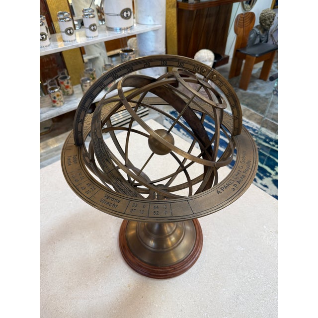 Brass Armillary Sphere on Wooden Base, Celestial Decorative Object For Sale In Los Angeles - Image 6 of 7