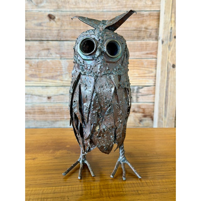 Metal Brutalist Welded Metal Owl Sculpture Candle Holder Folk Art For Sale - Image 7 of 12
