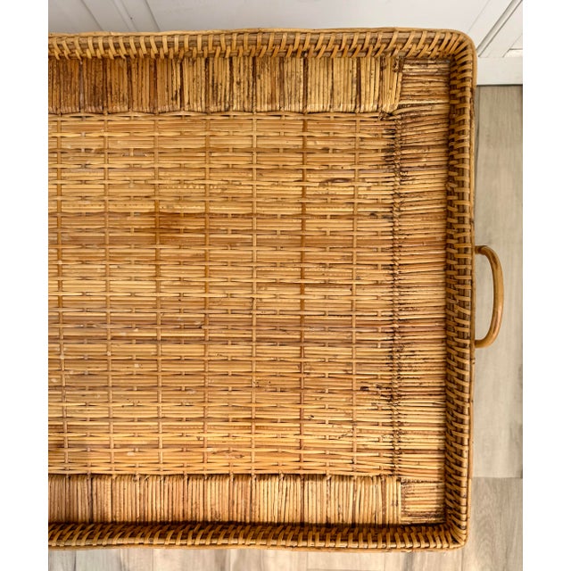 Wood Vintage Bamboo, Rattan & Wicker Two-Tier Console Display Table With Tray Top For Sale - Image 7 of 15