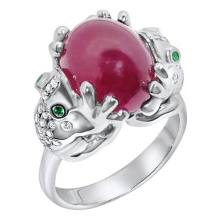 Rubellite Pink Tourmaline Diamond Pave Double Frog 18 Karat White Gold Ring, Size 7 For Sale