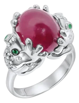 Rubellite Pink Tourmaline Diamond Pave Double Frog 18 Karat White Gold Ring, Size 7