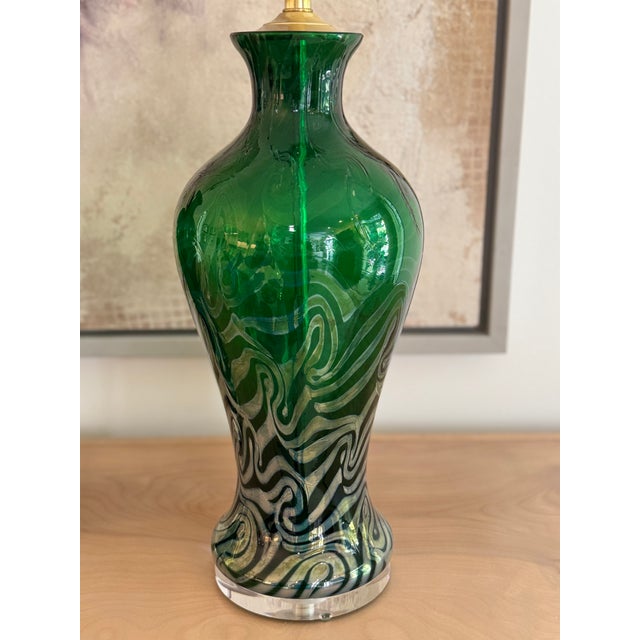 Mid 20th Century Emerald Green Vintage Murano Lamps With Iridescent Glass Swirl Effect For Sale - Image 5 of 12