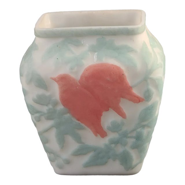 Antique Phoenix Consolidated Art Glass Teal White Red Love Birds Vase For Sale
