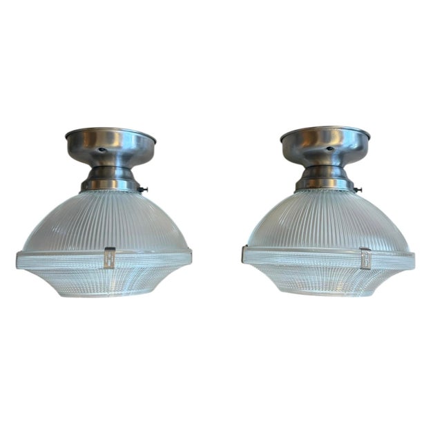 Modern Vintage Holophane Ceiling Lights With Silver Holders - a Pair For Sale - Image 3 of 8