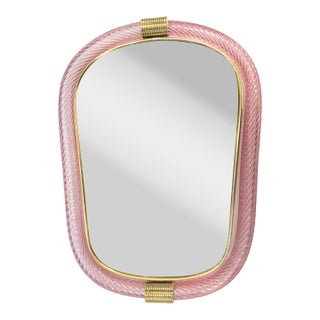Venetian Pink Murano Glass Wall Mirror With “Torciglione” Torchon in Barovier Style For Sale