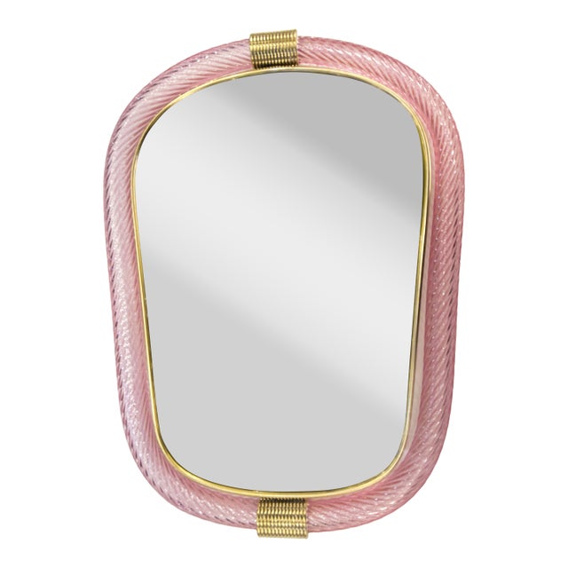 Venetian Pink Murano Glass Wall Mirror With “Torciglione” Torchon in Barovier Style For Sale