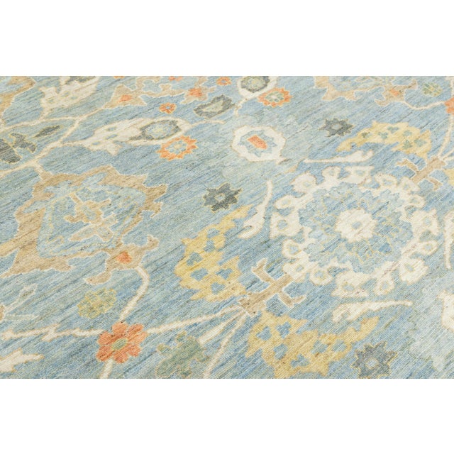 Modern Sultanabad Square Wool Rug - Light Blue & Terracotta Hand-Knotted For Sale - Image 9 of 11