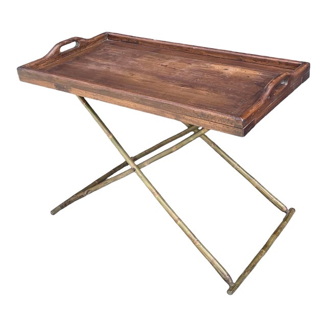 1980s Teak and Bamboo Butler Tray Table For Sale