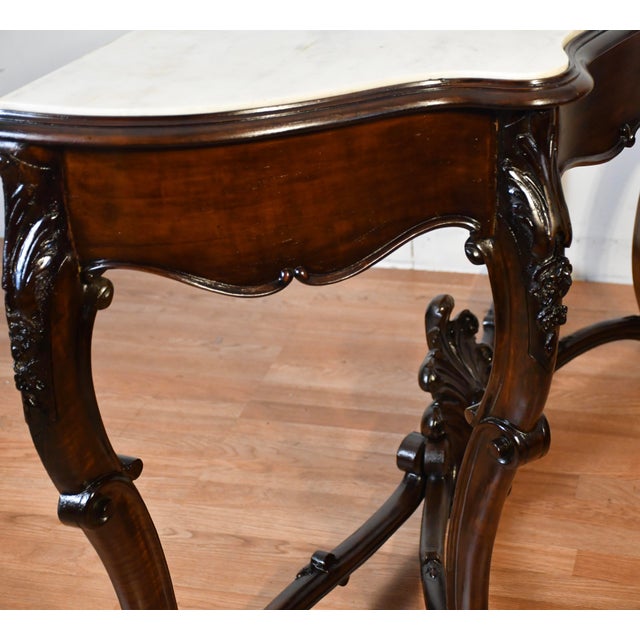 1880s Antique French Louis XV Hand Carved Walnut & Marble Top Console Sofa Table For Sale - Image 13 of 18