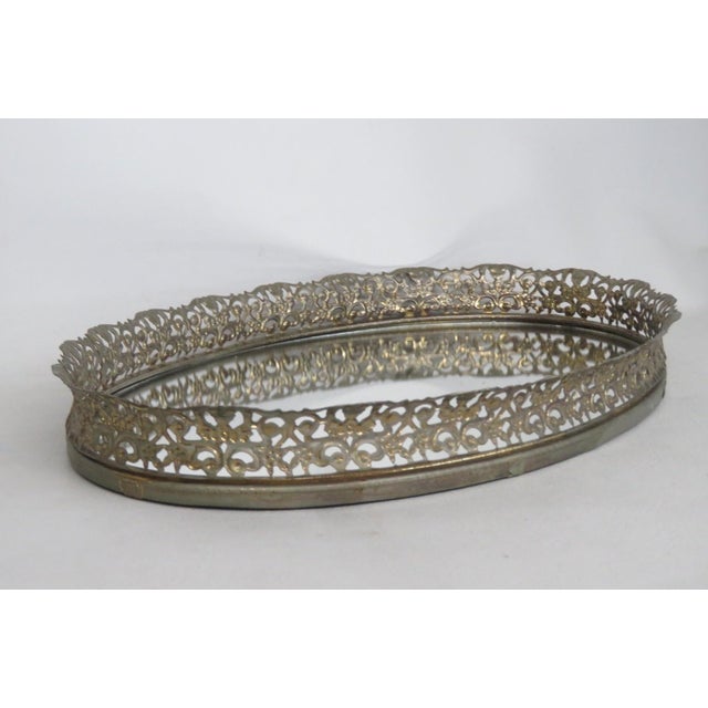 Metal Oval Vanity Mirror Tray Filigree Gilded Raised Metal Frame Dresser Display 4524b For Sale - Image 7 of 14