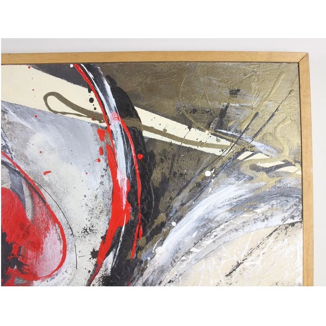 Midcentury modern heavily textured abstract painting. Titled en verso "Figures in Red" and signed R. Cherundolo. Framed in...