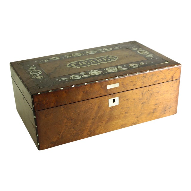 1800's Cigar Humidor Box Burl Veneer & Mother of Pearl Inlay & Lock