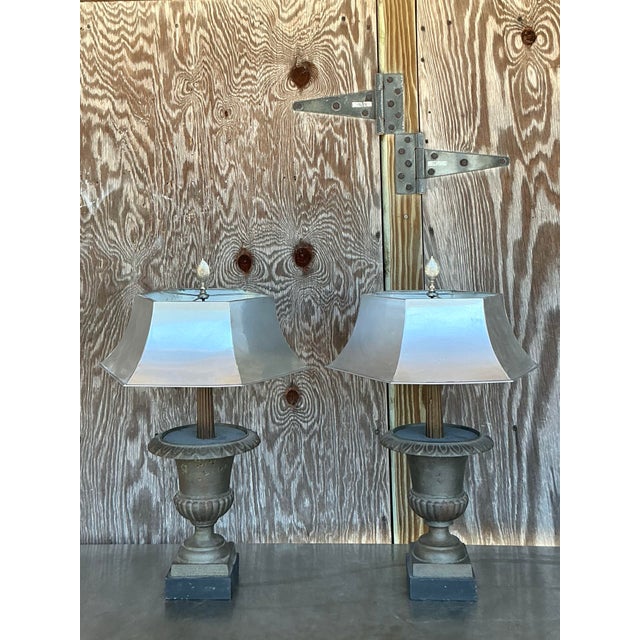 Charcoal Vintage Boho Remaudier Urn Lamps With Metal Shades - A Pair For Sale - Image 8 of 10