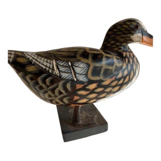 Vintage Hand-Carved & Hand-Painted Wooden Duck Decoy on Display Base American Folk Art For Sale