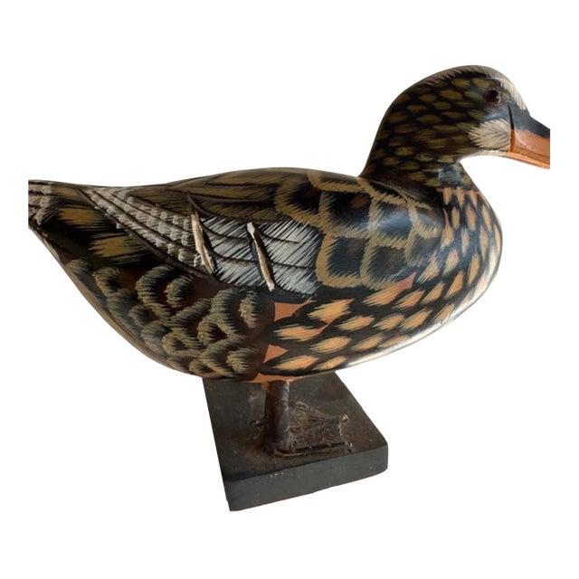 Vintage Hand-Carved & Hand-Painted Wooden Duck Decoy on Display Base American Folk Art For Sale