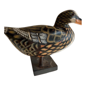 Vintage Hand-Carved & Hand-Painted Wooden Duck Decoy on Display Base American Folk Art