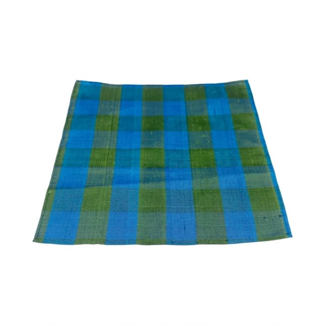 Mid-Century Modern Vintage Set 4 Blue Green Silk Gingham Plaid Cocktail Napkins Barware For Sale - Image 3 of 13