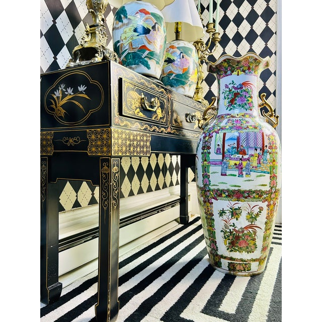 Tall Floor Rose Medallion Porcelain Chinoiserie Vase 36", Scroll Handles For Sale - Image 10 of 11