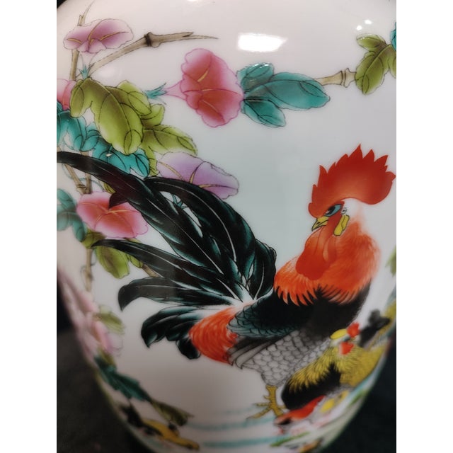 Chinese Ceramic Vase Qianlong Marked Famille Rose Porcelain Vase Hand Painted Cock Pattern For Sale - Image 9 of 14