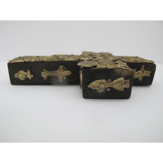 Mexican Folk Art Milagros Hand Carved Wood Cross Nailed Charms Wall Hanging For Sale - Image 4 of 9