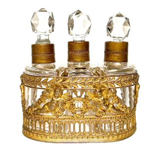 An Antique French Scent Bottle Set With Fitted Neoclassical Gilt Ormulu Holder- 4 Pieces