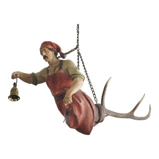 Antique 19c Black Forest Pendant Light Hand Carved and Painted Wood Man With Keys and Brass Bell Single for Bulb For Sale