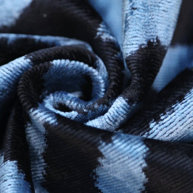 Mid-Century Modern Blue Black Zebra Silk Velvet Pillow – 16x16 Handmade Ikat Cushion For Sale - Image 3 of 9