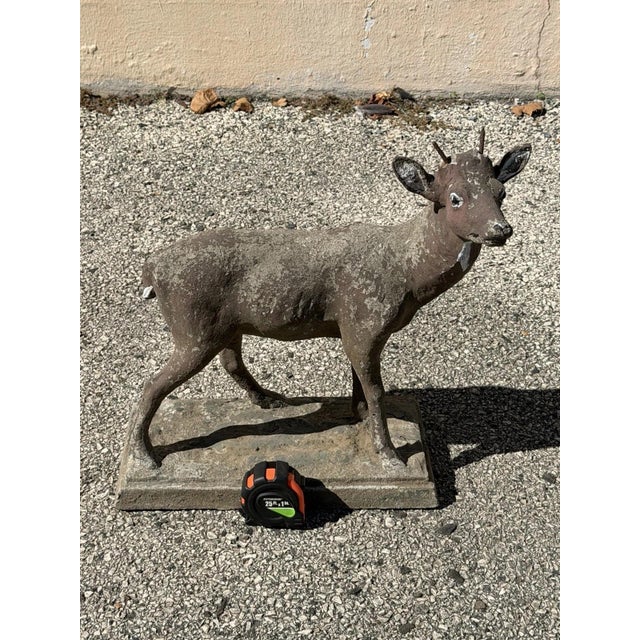Vintage French Standing Deer Small 19" Cement Concrete Stone Garden Statue. Circa Mid 20th Century. Measurements: 21" H x...