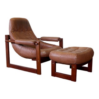 Vintage Brazilian 1960s Percival Lafer Rosewood & Leather Earth Lounge Chair & Ottoman- 2 Pieces For Sale