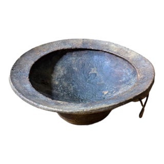 Antique Primitive Hand-Carved Wooden Bowl With Original Hanging Handle and Folk Art Repairs For Sale