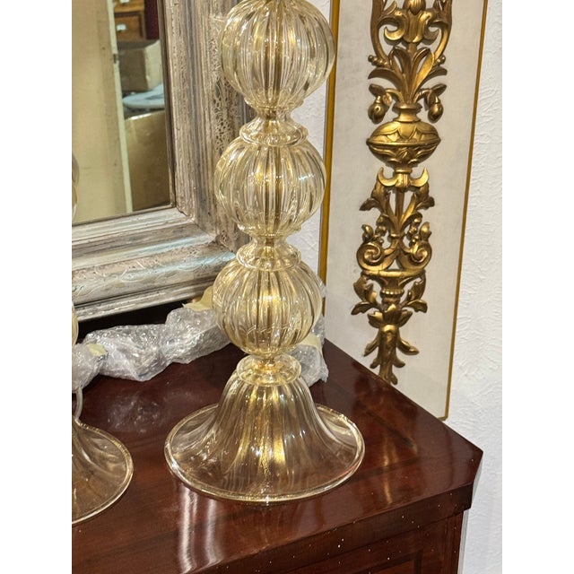 Modern Gold Murano Glass Ball Form Lamps - Pair For Sale - Image 4 of 6
