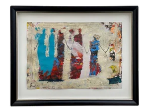 "Village Girls" Contemporary Abstract Expressionist Figurative Mixed-Media Painting by Paul Wadsworth, Framed