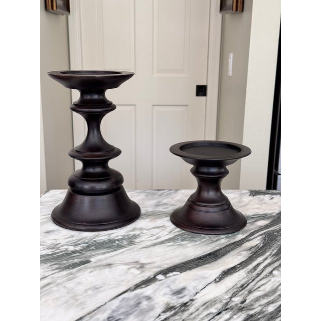 Early 21st Century Vintage Pottery Barn Turned Wood Pillar Candle Holders - A Pair For Sale - Image 5 of 11