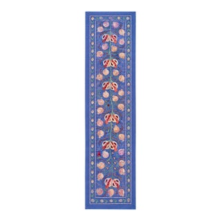 Periwinkle Silk Suzani Runner With Peach Pomegranates For Sale