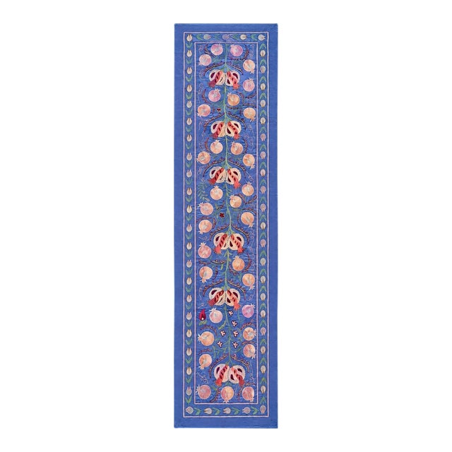 Periwinkle Silk Suzani Runner With Peach Pomegranates For Sale