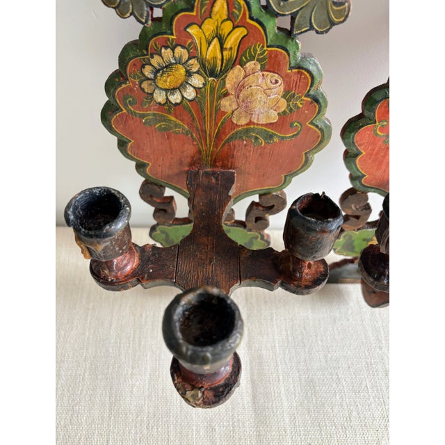 Pair of antique European, hand crafted and hand painted, primitive Candle Wall Sconces with bright, multicolored folk art...