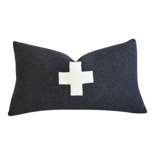 Swiss Charcoal Appliqué White Cross Wool & Linen Coastal Nautical Feather/Down Pillow 23" X 14" For Sale