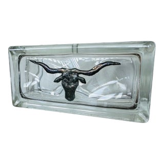 Vintage 1980’s Equestrian / Western Glass Block With Bronze Longhorn Steer For Sale