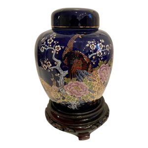 Vintage Kutani Japanese Cobalt Blue Ginger Jar Vase With Original Base
