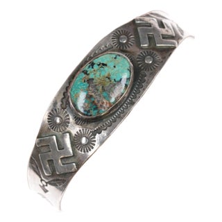 6.25" c1930's Navajo silver Whirling Logs cuff bracelet with turquoise For Sale