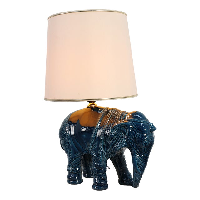 Hollywood Regency Blue Elephant Ceramic Table Lamp, Belgium, 1970s For Sale