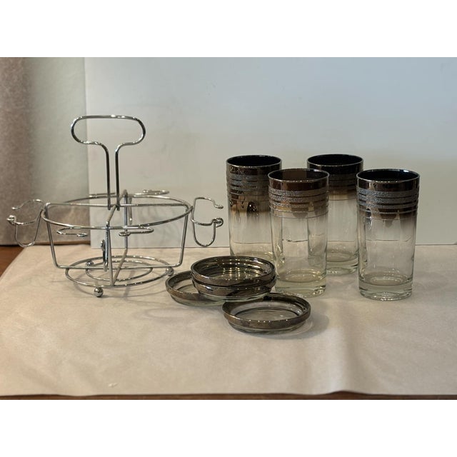 9 piece set of exceptional condition mid century modern ombre smoked glass and shimmer tumblers with matching coasters and...